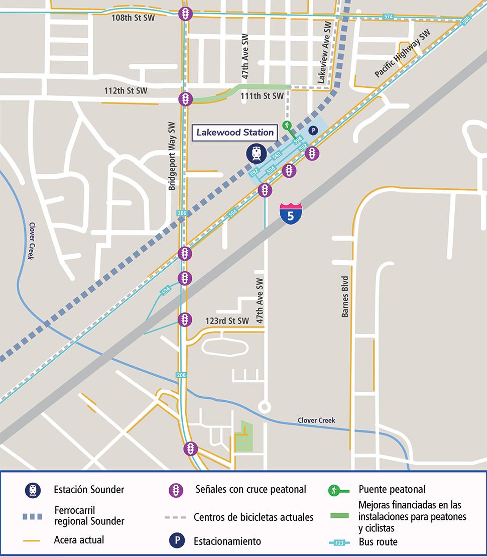 Mapa aéreo de la estación de Lakewood, ubicada en 11424 Pacific Hwy Southwest, Lakewood, Washington, 98499.