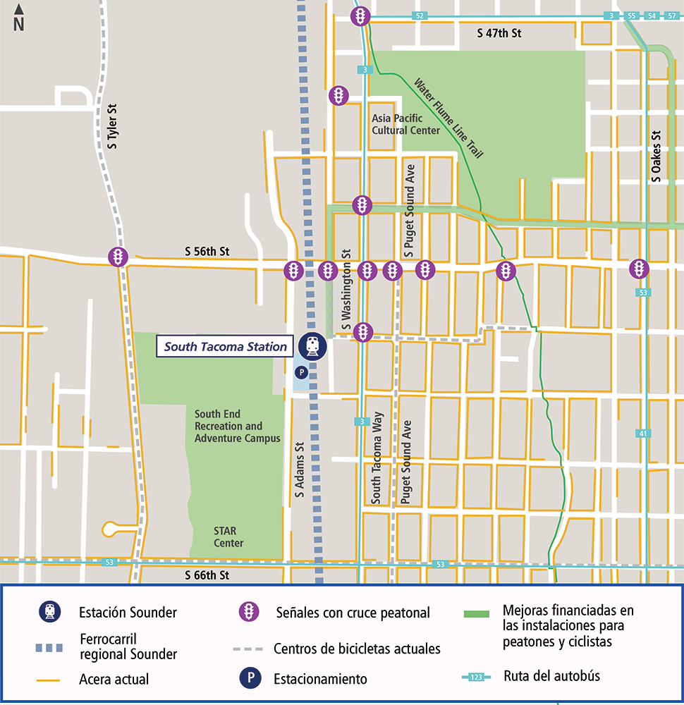 Mapa con vista aérea de la estación de South Tacoma, ubicada en 5650 South Washington Street, Tacoma, WA 98409.